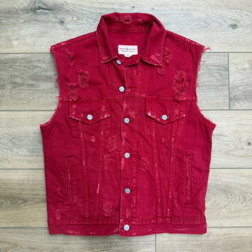 Denim & Supply Ralph Lauren Mens Red Distressed Denim Trucker Vest Rare Medium